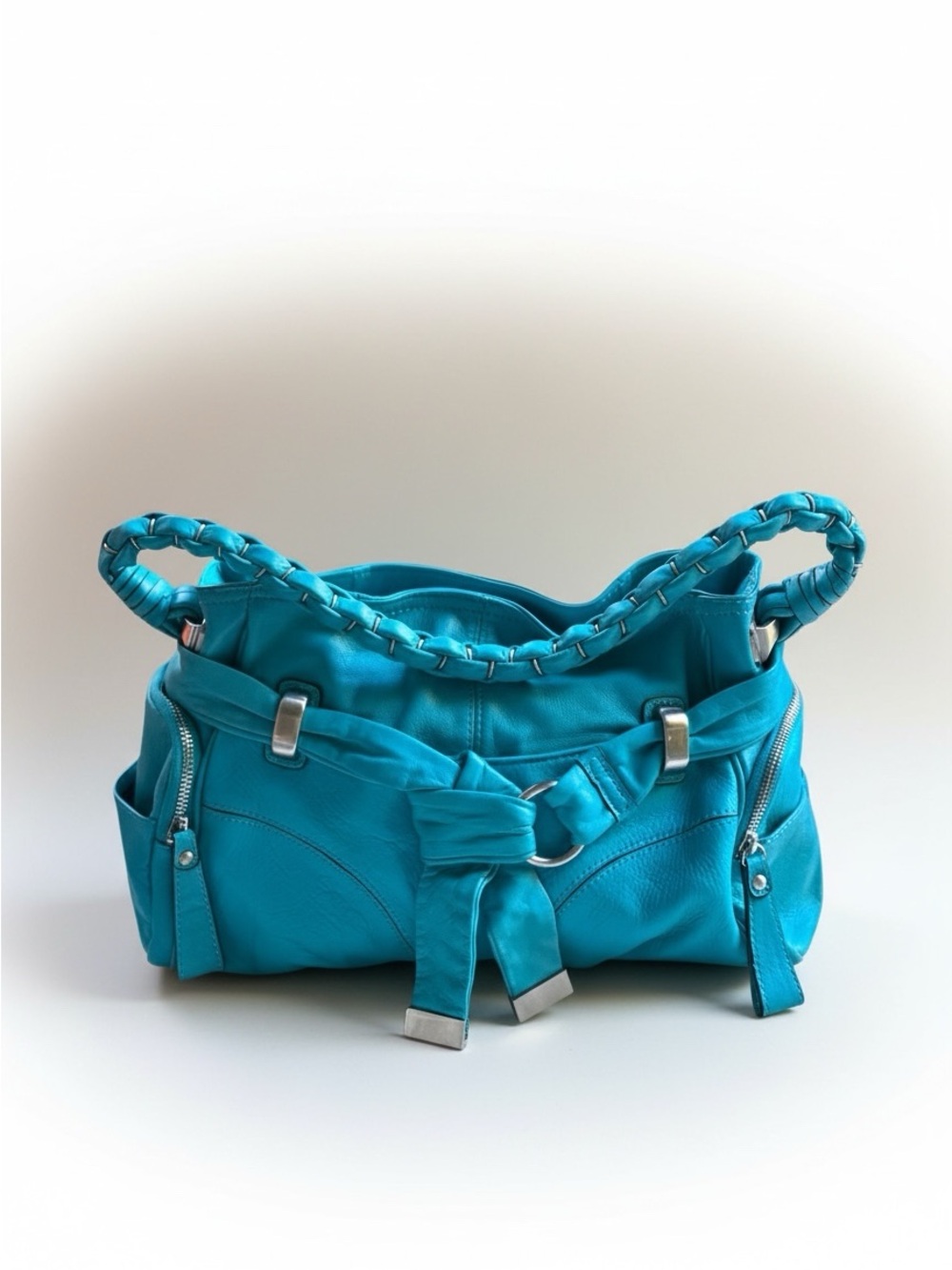 B. Makowsky Aqua Blue Braided Strap Soft Leather Satchel Shoulder Bag - Picture 10 of 10